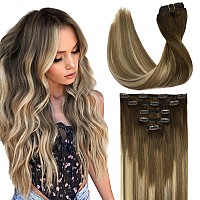 Doores Clip In Hair Extensions Human Hair 5Pcs 75G Balayage Walnut Brown To Ash Brown And Bleach Blonde 14 Inch Remy Human Hair