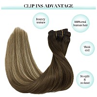 Doores Clip In Hair Extensions Human Hair 5Pcs 75G Balayage Walnut Brown To Ash Brown And Bleach Blonde 14 Inch Remy Human Hair