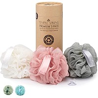 Temple Spring Shower Loofahs 3 Pack - Natural Recycled Shower Puffs for Body Set for Men and Women - Loofah Exfoliating Body Scrubber, Bath Poufs or Shower Scrunchie - coral Pink