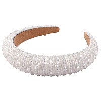 Wecoe White Headband Rhinestone Headband Women Fashion Fancy Bling Sparkle Crystal Beaded Headband Diamond Padded Headband Cute