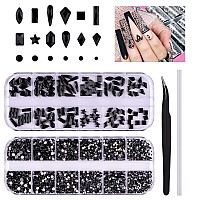 3120Pcs Black Nail Charms EBANKU 3D Black Nail Rhinestones Crystal Jewels Diamond Gems for Nail Decorations with Wax Pen Tweezers