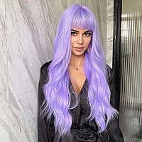 Jooler Purple Wig With Bangs Lavender Wig With Bangs Long Wavy Wigs For Women Light Purple Wigs With Bangs Heat Resistant Natura