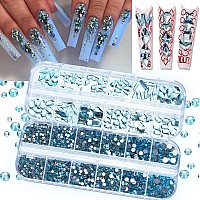 2120Pcs Lake Blue Nail Rhinestones Crystals Glass Gems Stones Multi Shapes Sizes Blue Round Beads Flatback Rhinestones for Nail DIY Crafts Clothes Shoes Jewelry