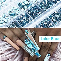 2120Pcs Lake Blue Nail Rhinestones Crystals Glass Gems Stones Multi Shapes Sizes Blue Round Beads Flatback Rhinestones for Nail DIY Crafts Clothes Shoes Jewelry