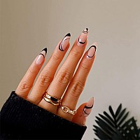 YoYoee Fake Nails Short black Press on Nails Almond Cute Tips Swirl acrylics Full Cover False Nails for Women and Girls 24PCS