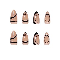 YoYoee Fake Nails Short black Press on Nails Almond Cute Tips Swirl acrylics Full Cover False Nails for Women and Girls 24PCS