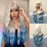 FORCUTEU Ombre Blue Wig with Bangs Long Ombre Blue Wigs for Women Long Wavy Blue Wig Ombre Wavy Heat Resistant Wigs for Daily Party (Ombre Blue 26inch)