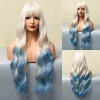 FORCUTEU Ombre Blue Wig with Bangs Long Ombre Blue Wigs for Women Long Wavy Blue Wig Ombre Wavy Heat Resistant Wigs for Daily Party (Ombre Blue 26inch)