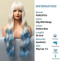 FORCUTEU Ombre Blue Wig with Bangs Long Ombre Blue Wigs for Women Long Wavy Blue Wig Ombre Wavy Heat Resistant Wigs for Daily Party (Ombre Blue 26inch)