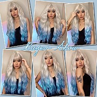 FORCUTEU Ombre Blue Wig with Bangs Long Ombre Blue Wigs for Women Long Wavy Blue Wig Ombre Wavy Heat Resistant Wigs for Daily Party (Ombre Blue 26inch)