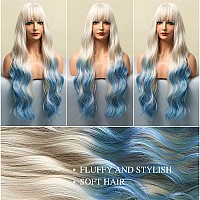 FORCUTEU Ombre Blue Wig with Bangs Long Ombre Blue Wigs for Women Long Wavy Blue Wig Ombre Wavy Heat Resistant Wigs for Daily Party (Ombre Blue 26inch)