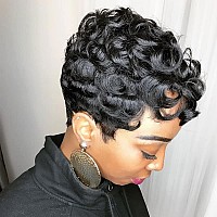 MOONSHOW Black Short Pixie Wigs for Women Curly Natural Wavy Synthetic Hair Wigs (Natural Black)