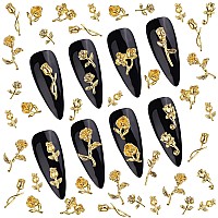 Torokom 120 Pcs 3D Gold Rose Nail Art Charms Romantic Flowers Nails Decorations Alloy Nail Charms For Girls Women Diy Nail Desig