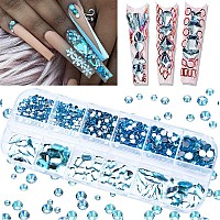 660Pcs Lake Blue Nail Rhinestones Blue Crystals Nail Art Diamond Gem Round Multi Shapes Sizes Flatback Rhinestone For Nail Art D