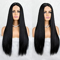 Natural Black Wig For Women Long Straight Wigs Middle Parting Lace Front Wig Silky Soft Smooth Remy Hair Heat Resistant Fiber Sy