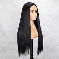 Natural Black Wig For Women Long Straight Wigs Middle Parting Lace Front Wig Silky Soft Smooth Remy Hair Heat Resistant Fiber Sy