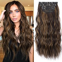 Kookastyle Clip In Long Wavy Synthetic Hair Extension 20 Inch 4Pcs Balayage Dark Brown To Chestnut Hairpieces Fiber Thick Double