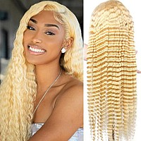 Grcabeir 28 Inch Lace Front Wig Human Hair 613 13X4 Transparent Lace Deep Wave 180 Density Free Part Blonde Lace Front Wigs Huma