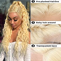 Grcabeir 28 Inch Lace Front Wig Human Hair 613 13X4 Transparent Lace Deep Wave 180 Density Free Part Blonde Lace Front Wigs Huma