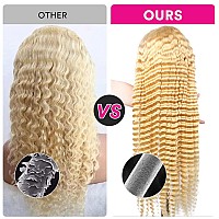 Grcabeir 28 Inch Lace Front Wig Human Hair 613 13X4 Transparent Lace Deep Wave 180 Density Free Part Blonde Lace Front Wigs Huma