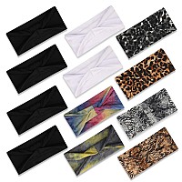 12 Pack Boho Wide Fashion Headbands For Women, Extra Soft Yoga Workout Running Non Slip Head Bands, Leopard Large Sweat Band Hair Bands For Women'S Hair, Black White Solid Headbands Head Wrap