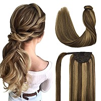 Doores Ponytail Hair Extensions Human Hair Balayage Chocolate Brown Mixed Caramel Blonde 22 Inch 90G Long Ponytail Human Hair Ex