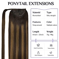 Doores Ponytail Extension Human Hair Extensions Balayage Dark Brown To Chestnut Brown 16 Inch 80G Doores Clip In Ponytail Extens