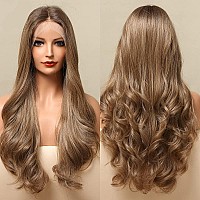 Emmor Long Ash Blonde Lace Front Wig For Women 25 Inch Natural Wavy Daily Hair Synthetic Lace Wigs Middle Parthand Tiedlongli