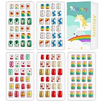 Allstarry 120Pcs 5 Pack Children Nails Press On Preglue Full Cover Glitter Gradient Color Rainbow Short False Nail Kits Lovely