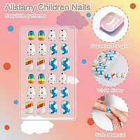 Allstarry 120Pcs 5 Pack Children Nails Press On Preglue Full Cover Glitter Gradient Color Rainbow Short False Nail Kits Lovely