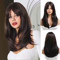 Esmee 20 Inches Long Straight Black Brown Layered Synthetic Hair Wigs for Women with Bangs for Daily Party Use?