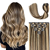 Ugotrays Clip In Hair Extensions Highlight Chocolate Brown To Caramel Blonde 22 Inch 70G Real Human Hair Extensions Double Weft