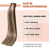 Ugotrays Clip In Hair Extensions Highlight Chocolate Brown To Caramel Blonde 22 Inch 70G Real Human Hair Extensions Double Weft