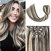 Ugotrays Clip In Hair Extensions Dark Brown Mixed Bleach Blonde Highlight Hair Extensions 22 Inch 70G 7Pcs Straight Real Human H