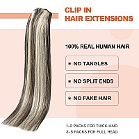 Ugotrays Clip In Hair Extensions Dark Brown Mixed Bleach Blonde Highlight Hair Extensions 22 Inch 70G 7Pcs Straight Real Human H