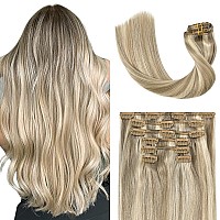 Ugotrays Blonde Clip In Hair Extensions Real Human Hair 22 Inch 70G Ash Blonde Mixed Bleach Blonde Straight 7Pcs Double Weft