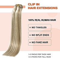 Ugotrays Blonde Clip In Hair Extensions Real Human Hair 22 Inch 70G Ash Blonde Mixed Bleach Blonde Straight 7Pcs Double Weft