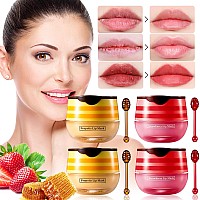 4 Pcs Bee Honey Lip Balm Honey Pot Strawberry Bee Honey Lip Mask Reduces Lip Lines Hydrate Moisturizing Lip Skin Care Pr