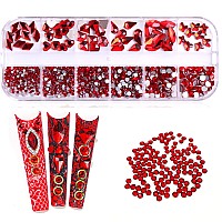 Belicey Red Nail Rhinestones Kit 810Pcs Multishape Rhinestones For Nail Hearts Butterfly Charm Nail Dimond Gems Stone For Nail