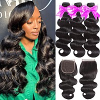 Body Wave Human Hair Bundles With Closure 12A Brazilian Virgin Body Wave 3 Bundles With 4X4 Lace Closure Preplucked With Baby H