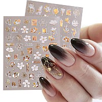 9 Sheets Laser Gold White Foil Nail Stickers Decals 3D Selfadhesive Abstract Face Shining Flowers Diy Sticker Nail Art Supplies