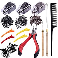 Duufin Hair Extensions Tools Kit 1500 Pcs Micro Ring Beads(Black, Dark Brown and Brown) 1 Micro Beads Plier 2 Hook Needle Pulling Loop 4 Plastic Hair Clips 1 Comb and 2 Bags Black Mini Hair Elastic