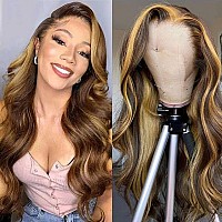 Aaliweya Highlight Ombre 13x4 HD Transparent Lace Front Wigs Human Hair Honey Blonde Body Wave Lace Front Wig for Women 180% 4/27 Color Glueless Frontal Wig Free Part Realistic Looking 22 inch