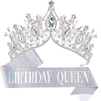 VELSCRUN Birthday Crowns for Women, Birthday Sash and Tiaras for Women, Happy Birthday Queen Crown and Tiara, Crowns for Women Silver, Birthday Accessories for Women, Birthday Decorations for Women