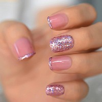 Pink Nude Fake Nails Acrylic Glitter Press On Nails Short Length Sequins Holo Jelly Gel Glossy Full Cover False Nail Tips