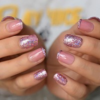 Pink Nude Fake Nails Acrylic Glitter Press On Nails Short Length Sequins Holo Jelly Gel Glossy Full Cover False Nail Tips