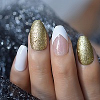 Short Coffin Nude White Press On Nails Gold Powder Glitter Fake False Nails Full Cover Ballet Artificial Nail Designer