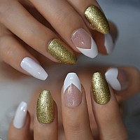 Short Coffin Nude White Press On Nails Gold Powder Glitter Fake False Nails Full Cover Ballet Artificial Nail Designer