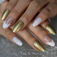 Short Coffin Nude White Press On Nails Gold Powder Glitter Fake False Nails Full Cover Ballet Artificial Nail Designer