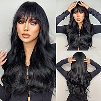 Piaou Black Wig With Bangs Long Black Wigs For Women Synthetic Wavy Wigs With Bangs Natural Color Heat Resistant Fiber Daily Cos